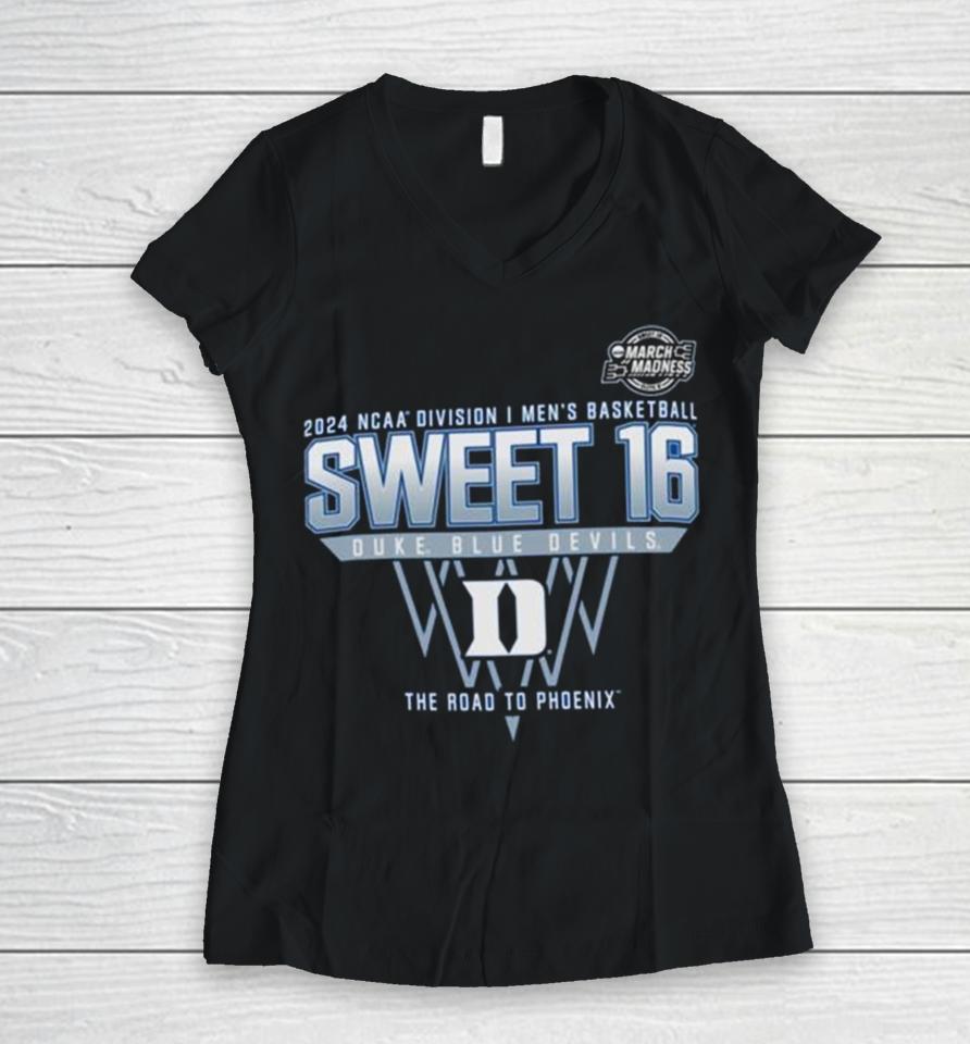 Duke Blue Devils 2024 Ncaa Division I Men’s Basketball Sweet 16 The Road To Phoenix Women V-Neck T-Shirt