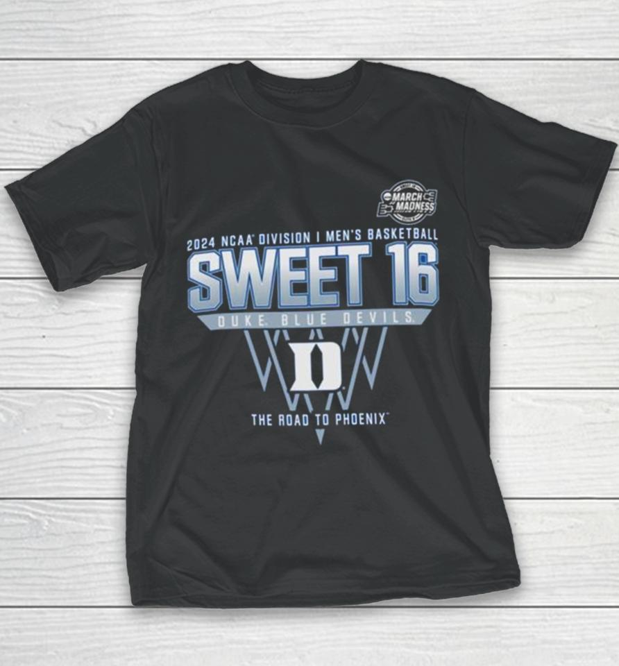 Duke Blue Devils 2024 Ncaa Division I Men’s Basketball Sweet 16 The Road To Phoenix Youth T-Shirt