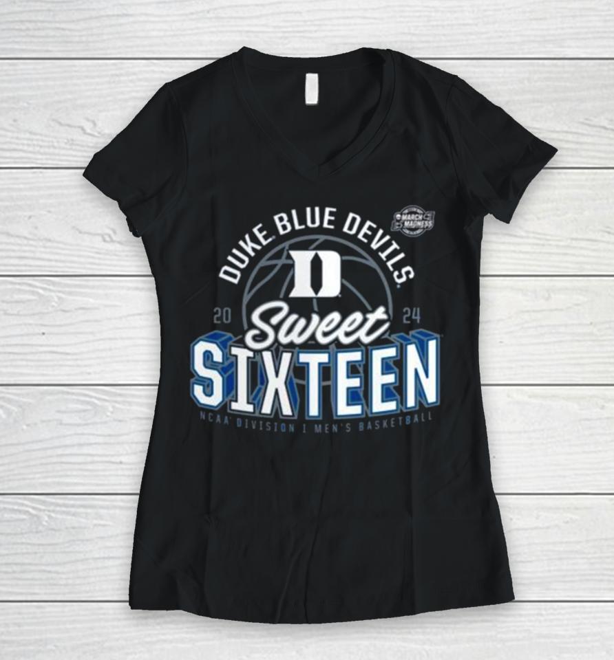 Duke Blue Devils 2024 Ncaa Men’s Basketball Tournament March Madness Sweet Sixteen Defensive Stance Women V-Neck T-Shirt