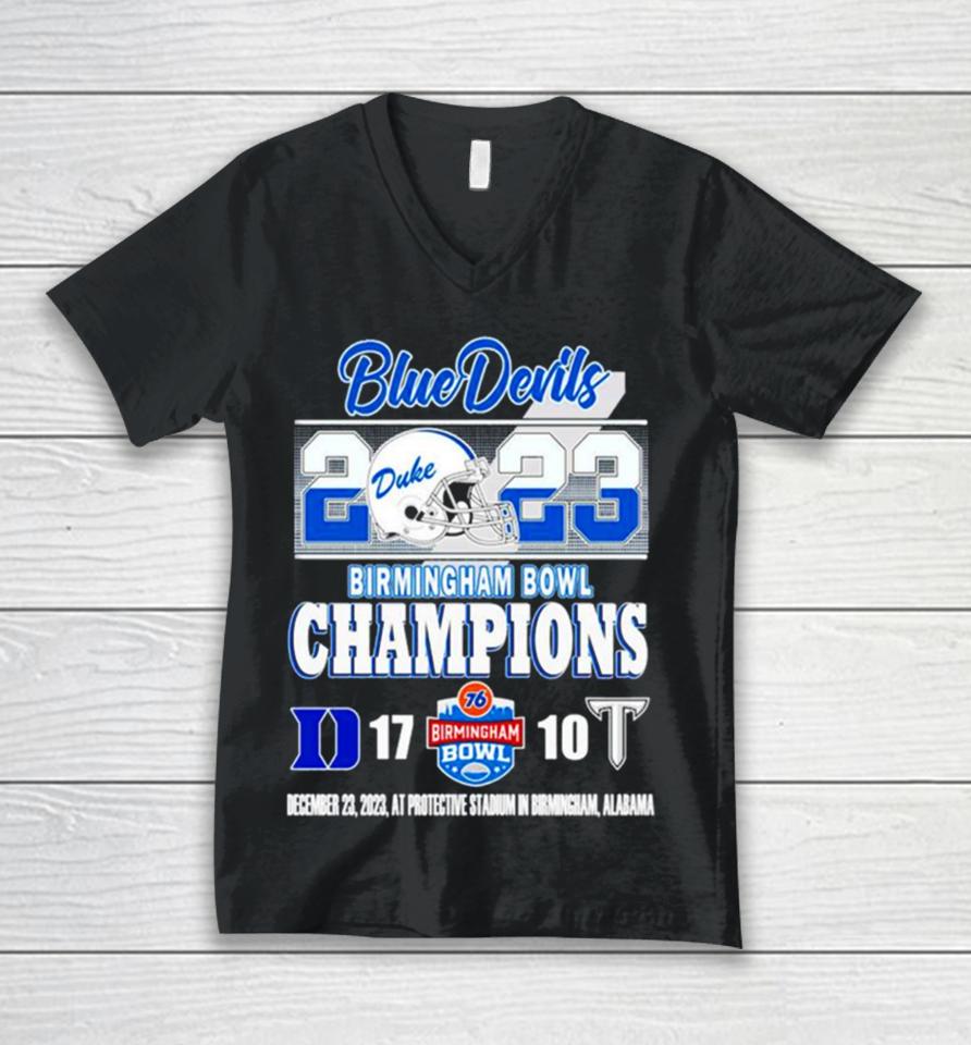 Duke Blue Devils Victory 17 10 Troy Trojans 2023 2023 Birmingham Bowl Champions Final Score Unisex V-Neck T-Shirt