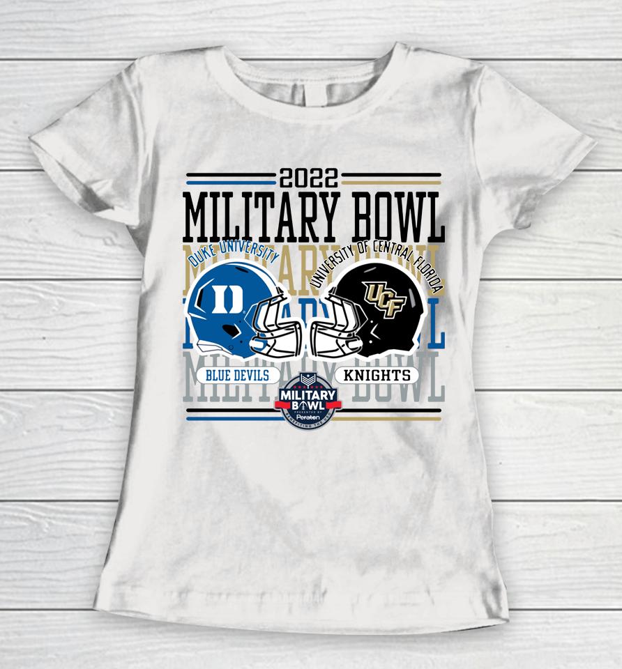 Duke's Blue Devils Vs Ufc Knights Military Bowl Dueling Helmets Women T-Shirt