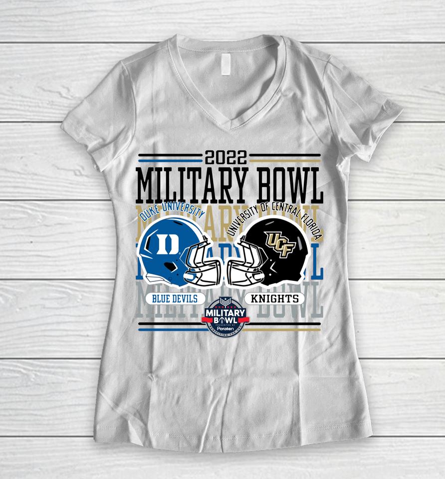 Duke's Blue Devils Vs Ufc Knights Military Bowl Dueling Helmets Women V-Neck T-Shirt