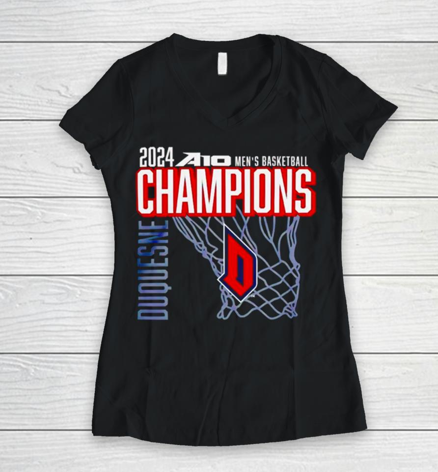 Duquesne Dukes 2024 A10 Men’s Basketball Champions Women V-Neck T-Shirt