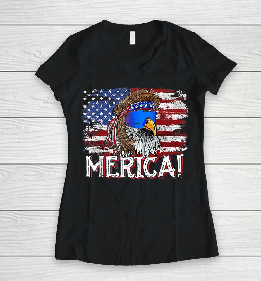 Eagle Mullet 4Th Of July Tee Funny Usa American Flag Merica Women V-Neck T-Shirt