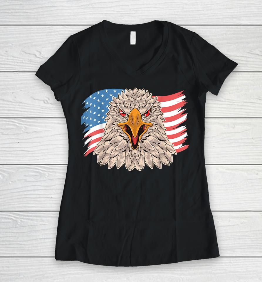 Eagle Patriotic Veteran 4Th Of July Usa Flag Women V-Neck T-Shirt