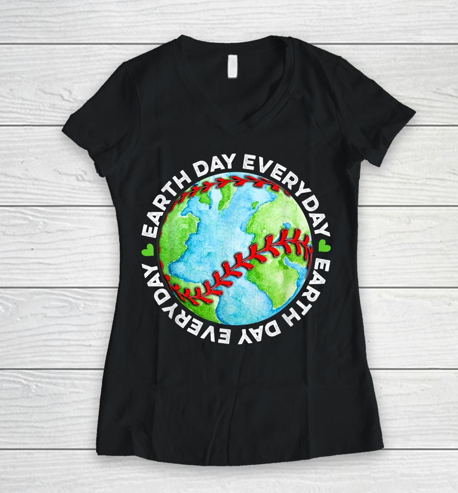 Earth Baseball Earth Day Sports Player Women V-Neck T-Shirt