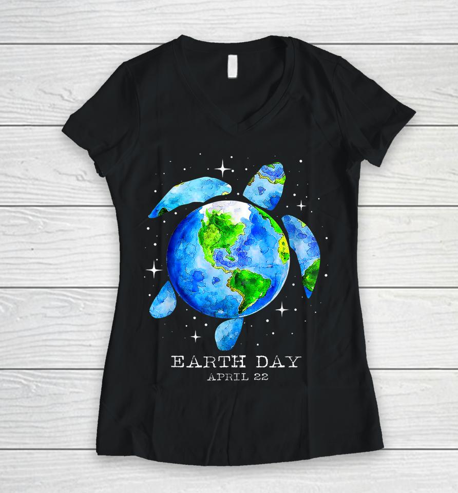 Earth Day 2023 Restore Earth Sea Turtle Art Save The Planet Women V-Neck T-Shirt