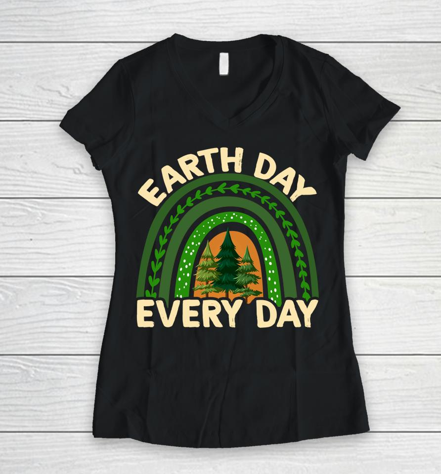 Earth Day Everyday Rainbow Pine Tree Women V-Neck T-Shirt