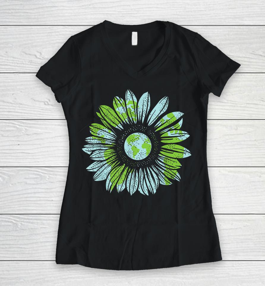 Earth Day Planet Anniversary Earth Day Sunflower Everyday Women V-Neck T-Shirt