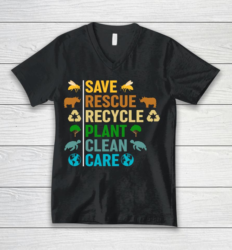 Earth Day Planet Save Bees Rescue Animals Recycled Plastic Unisex V-Neck T-Shirt