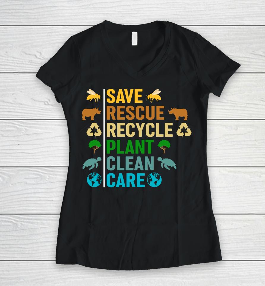 Earth Day Planet Save Bees Rescue Animals Recycled Plastic Women V-Neck T-Shirt