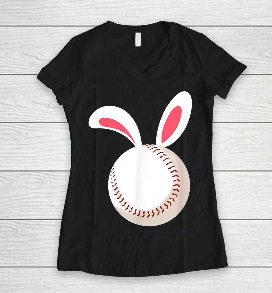 Easter Baseball Bunny Ears Happpy Easter Day Women V-Neck T-Shirt