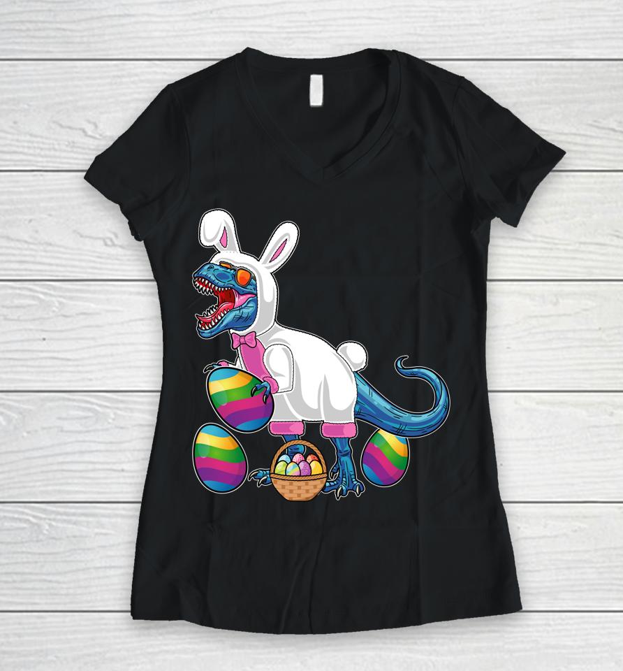 Easter Basket Bunny Dinosaur Egg T Rex Women V-Neck T-Shirt