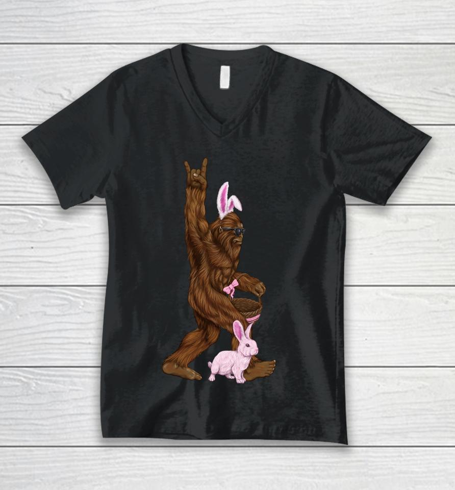 Easter Bigfoot Bunny In A Basket Is Funny For Sunday Unisex V-Neck T-Shirt