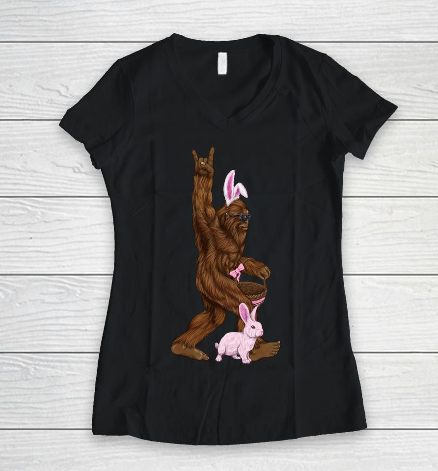 Easter Bigfoot Bunny In A Basket Is Funny For Sunday Women V-Neck T-Shirt