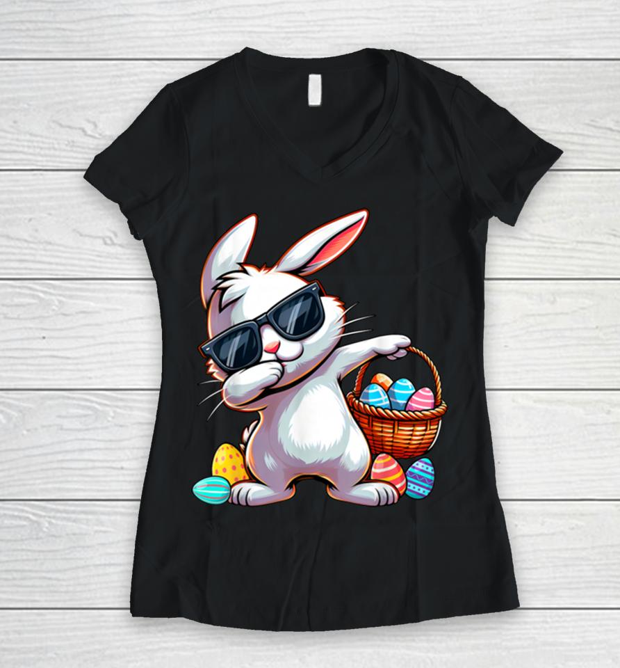 Easter Boys Kids Toddler Rabbit Bunny Egg Hunting Women V-Neck T-Shirt