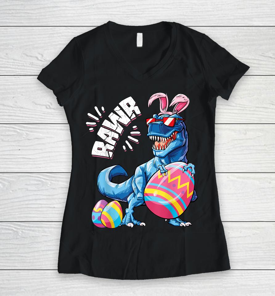 Easter Bunny Dinosaur T Rex Eggs Boys Kids Girl Rawr Gifts Women V-Neck T-Shirt