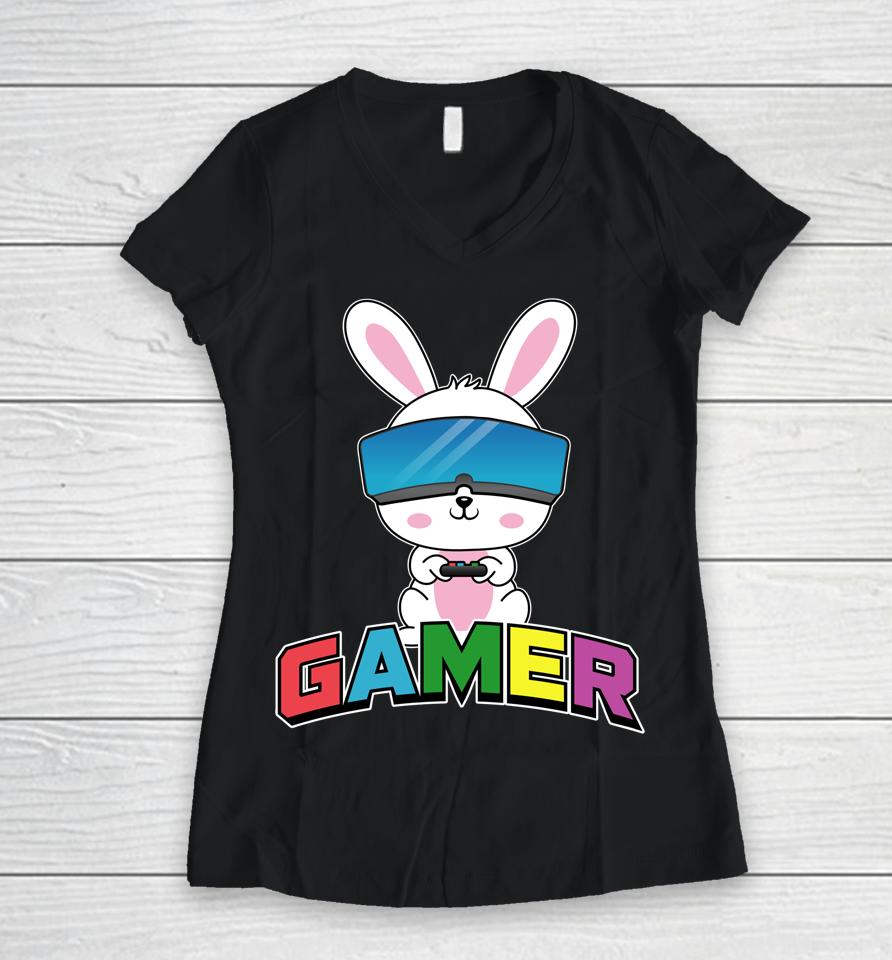Easter Bunny Gamer Rabbit Easter Day Women V-Neck T-Shirt