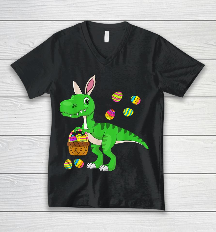 Easter Dinosaur Bunny Ears Easter Basket Stuffers Kids Boys Easter Unisex V-Neck T-Shirt