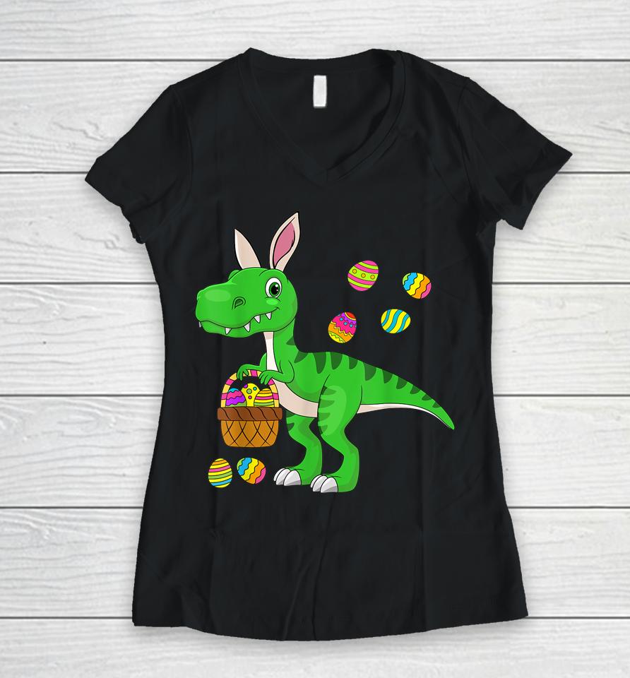 Easter Dinosaur Bunny Ears Easter Basket Stuffers Kids Boys Easter Women V-Neck T-Shirt
