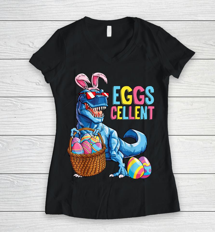 Easter Dinosaur Bunny T Rex Boys Girls Kids Eggs Cellent Women V-Neck T-Shirt