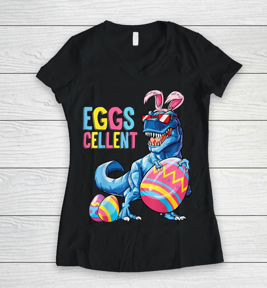 Easter Dinosaur Bunny T Rex Boys Girls Kids Eggs Cellent Women V-Neck T-Shirt