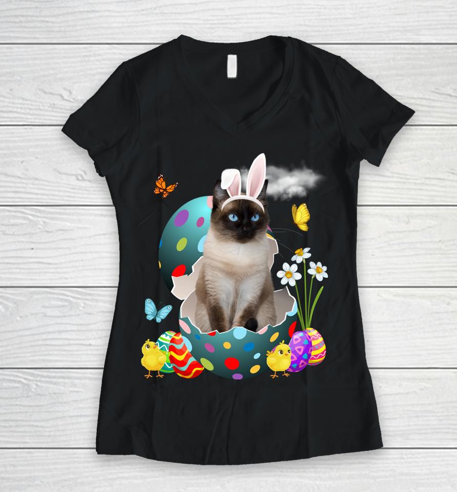 Easter Eggs Siamese Bunny Cat Gifts Cat Dad Cat Mom Women V-Neck T-Shirt