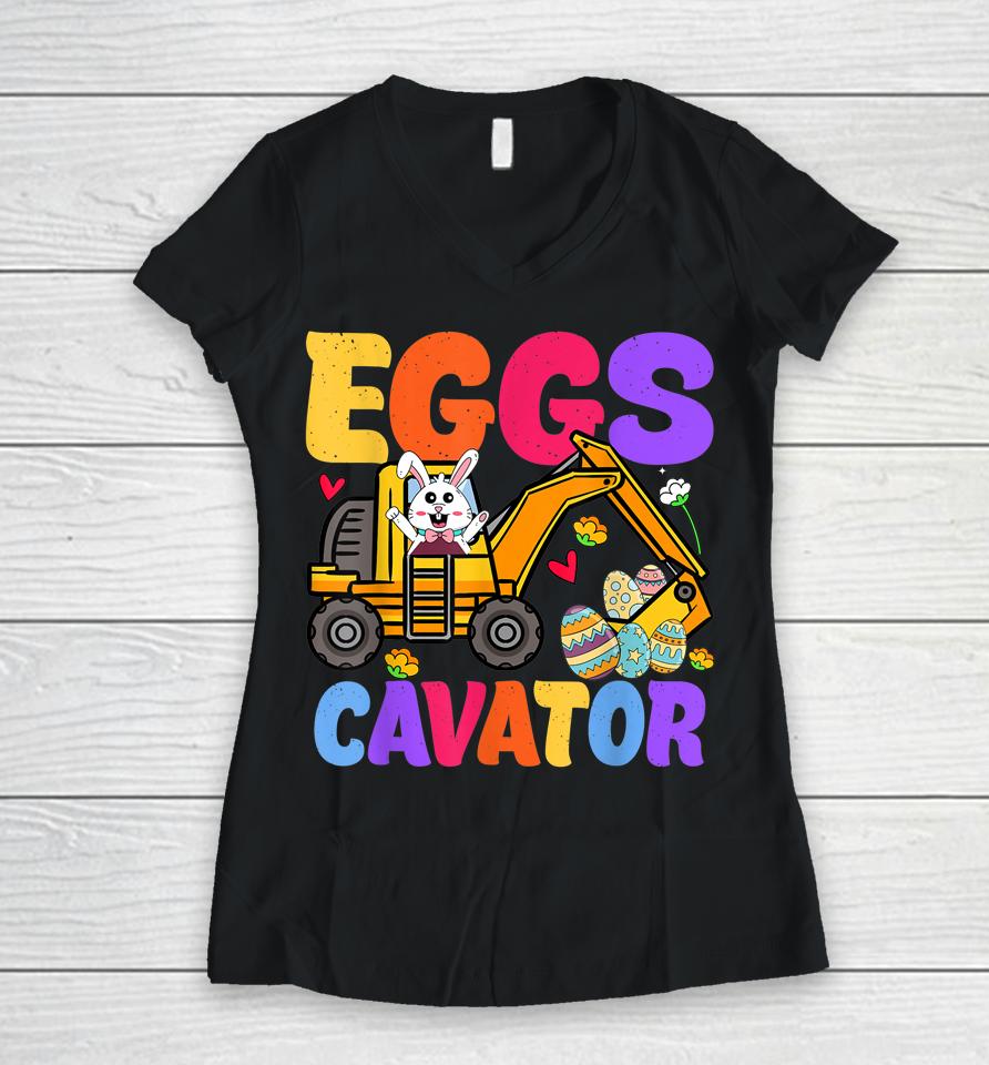 Easter Kids Boys Funny Excavator Happy Easter Eggscavator Women V-Neck T-Shirt