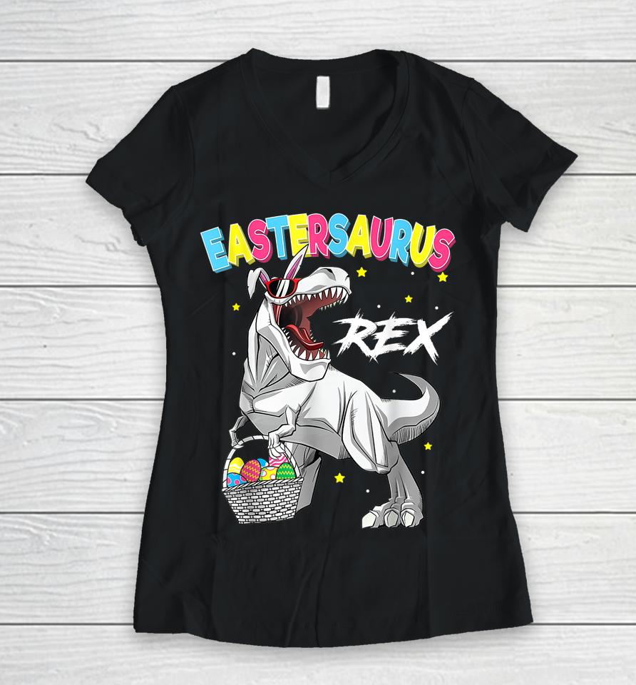 Easter Trex Kids Dinosaur Bunny Easter Saurus Rex Women V-Neck T-Shirt