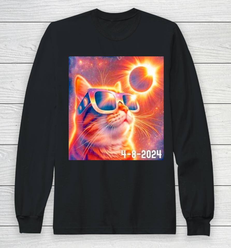 Eclipse Solar April 8 2024 Kitty Cat Wearing Glasses Long Sleeve T-Shirt