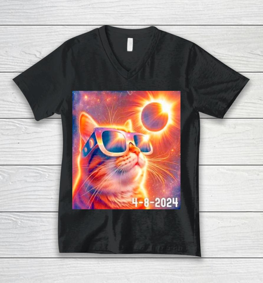 Eclipse Solar April 8 2024 Kitty Cat Wearing Glasses Unisex V-Neck T-Shirt