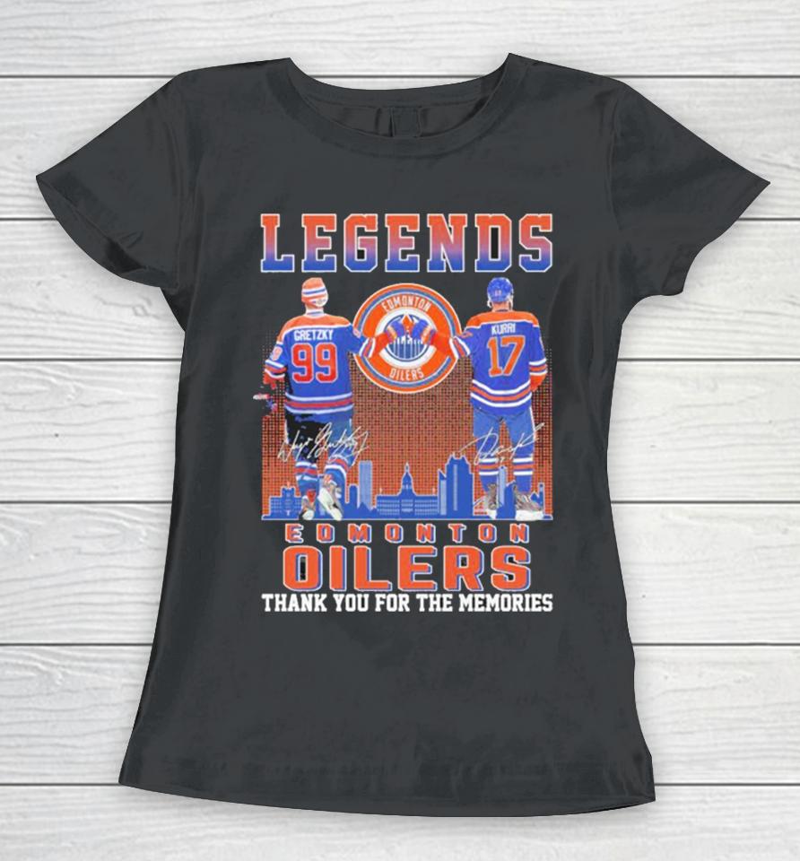 Edmonton Oilers Legend 99 Gretzky And 17 Kurri Thank You For The Memories Signatures Women T-Shirt