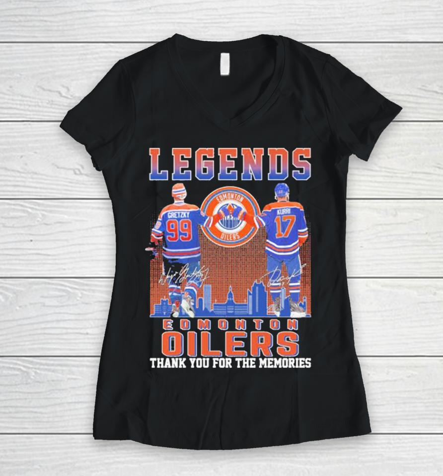Edmonton Oilers Legend 99 Gretzky And 17 Kurri Thank You For The Memories Signatures Women V-Neck T-Shirt
