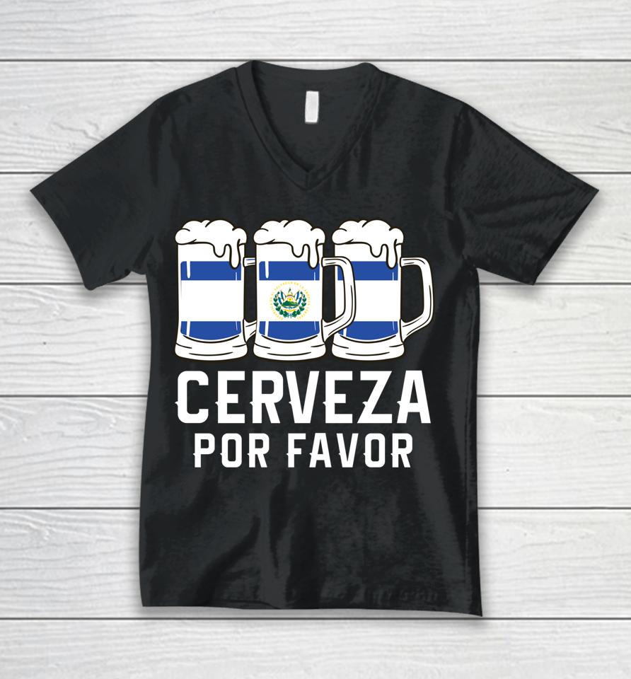El Salvador Cerveza Por Favor Flag Pupusas Salvadorian Vos Unisex V-Neck T-Shirt