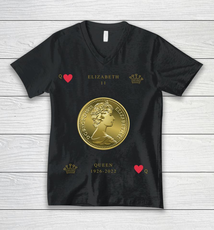 Elizabeth 11 Memorial Queen Of Hearts British Pound Unisex V-Neck T-Shirt