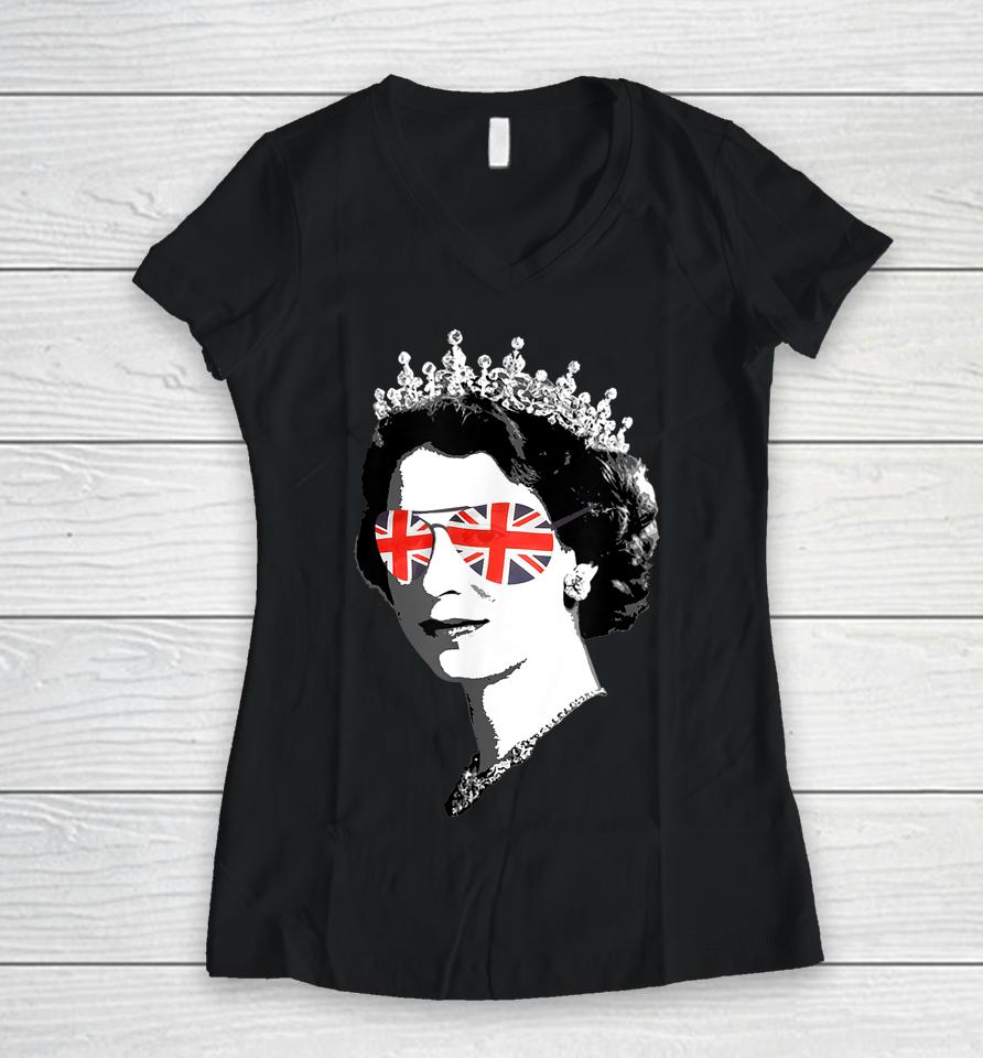 Elizabeth Ii Sunglasses T-Shirt British Crown Union Jack Meme Women V-Neck T-Shirt