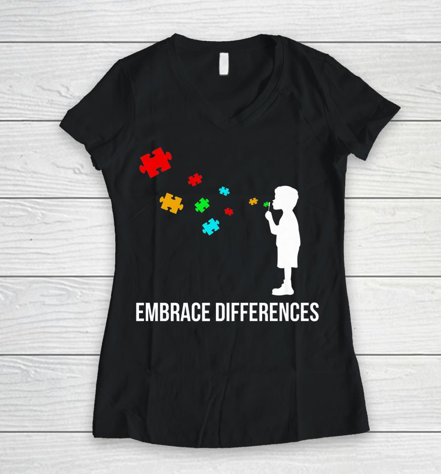 Embrace Differences Support Autism Awareness Day Women V-Neck T-Shirt