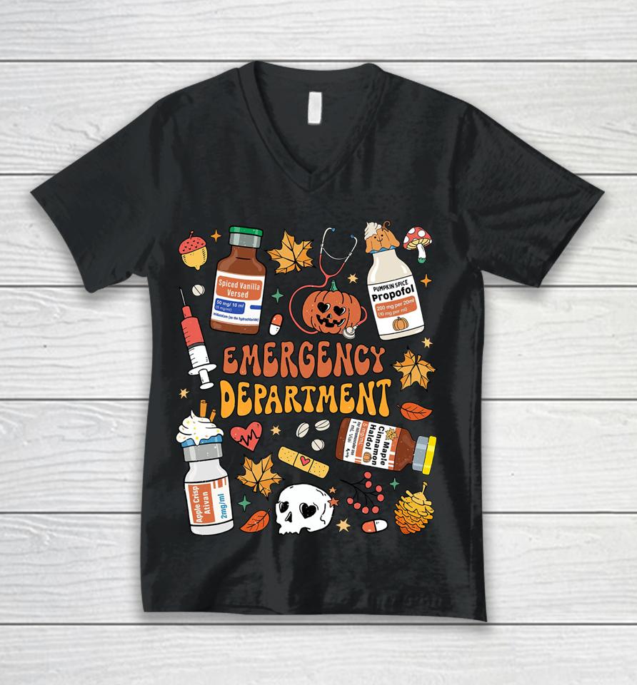 Emergency Department Er Nurse Halloween Autumn Fall Doodles Unisex V-Neck T-Shirt