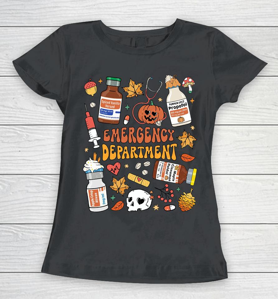 Emergency Department Er Nurse Halloween Autumn Fall Doodles Women T-Shirt