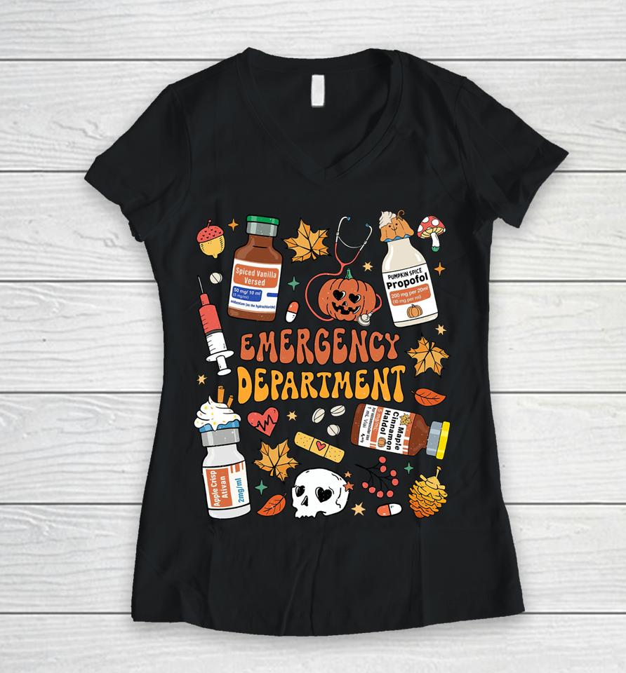 Emergency Department Er Nurse Halloween Autumn Fall Doodles Women V-Neck T-Shirt