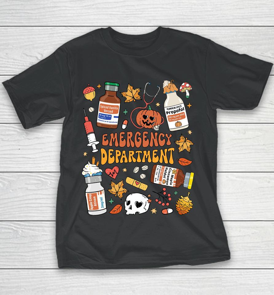 Emergency Department Er Nurse Halloween Autumn Fall Doodles Youth T-Shirt