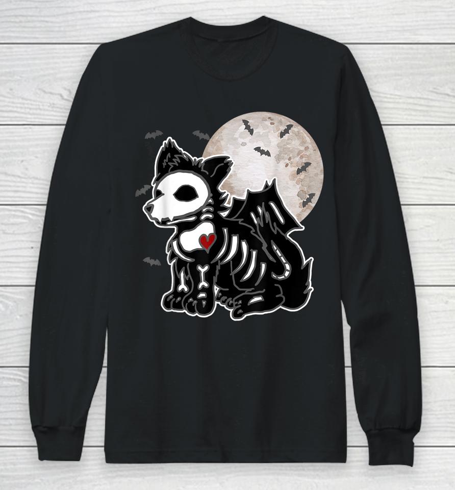 Emo Wolf Skeleton Full Moon Anime Goth Aesthetic Halloween Long Sleeve T-Shirt