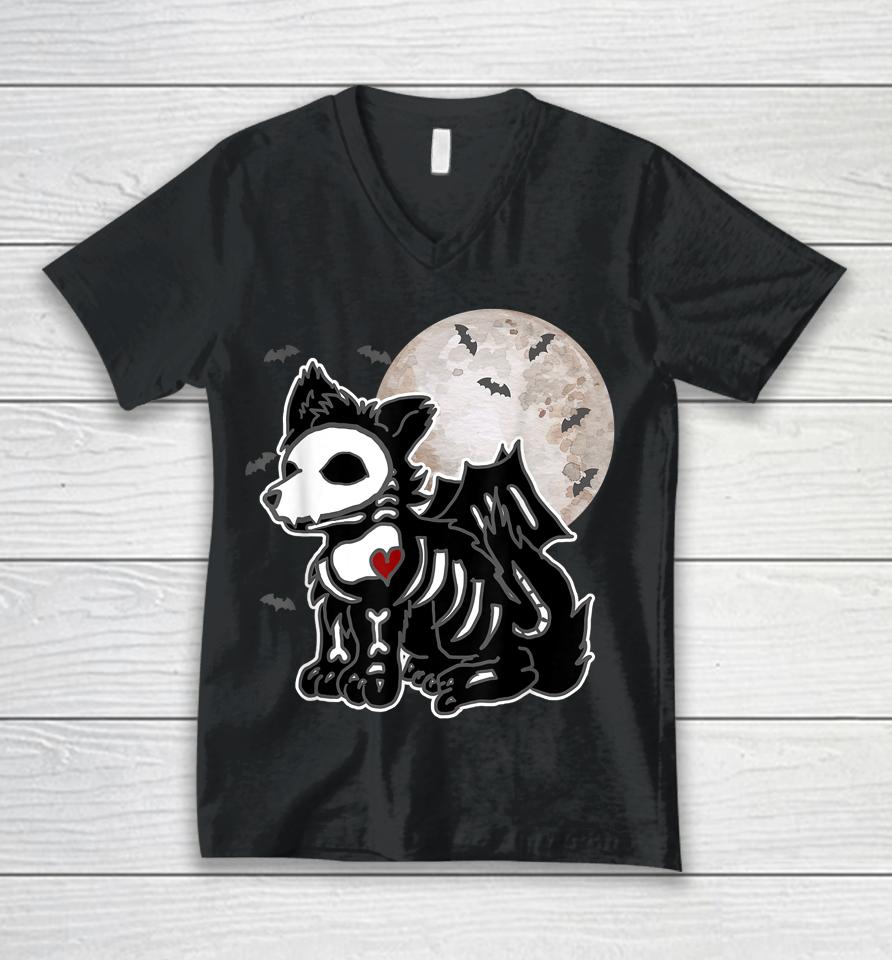 Emo Wolf Skeleton Full Moon Anime Goth Aesthetic Halloween Unisex V-Neck T-Shirt
