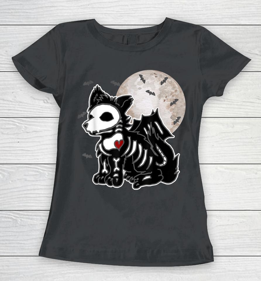 Emo Wolf Skeleton Full Moon Anime Goth Aesthetic Halloween Women T-Shirt