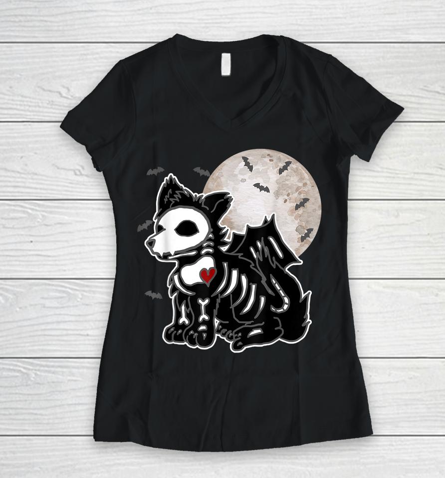 Emo Wolf Skeleton Full Moon Anime Goth Aesthetic Halloween Women V-Neck T-Shirt