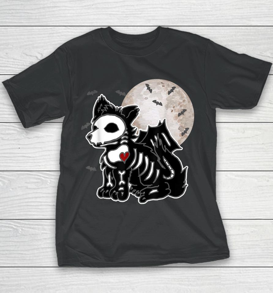 Emo Wolf Skeleton Full Moon Anime Goth Aesthetic Halloween Youth T-Shirt