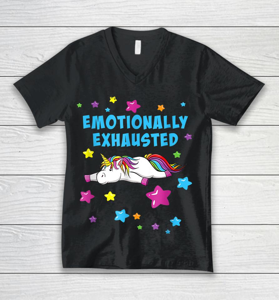 Emotionally Exhausted Tired Unicorn With Stars Unisex V-Neck T-Shirt