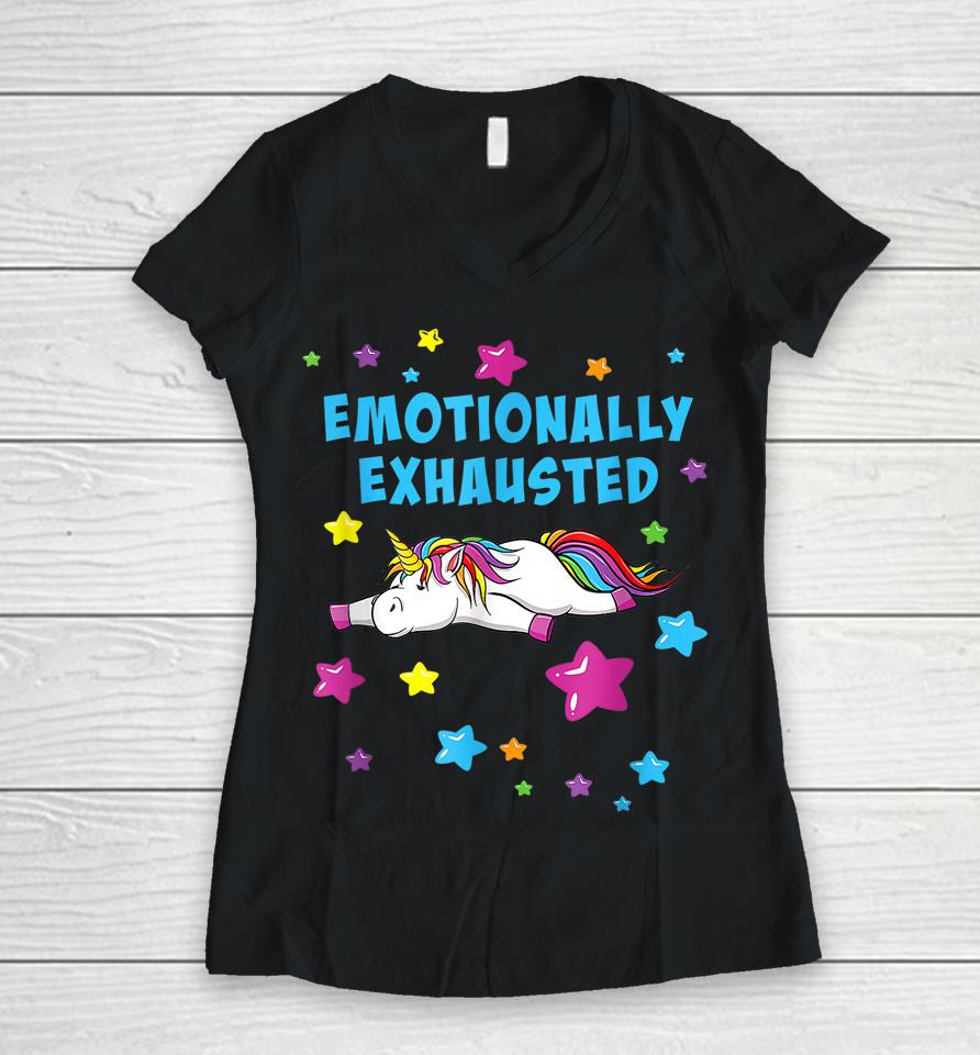 Emotionally Exhausted Tired Unicorn With Stars Women V-Neck T-Shirt