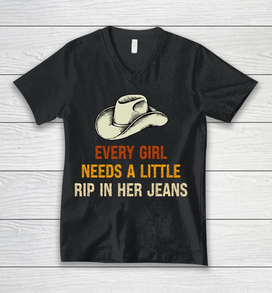 Every Girl Needs A Little Rip In Her Jeans Vintage Retro Unisex V-Neck T-Shirt