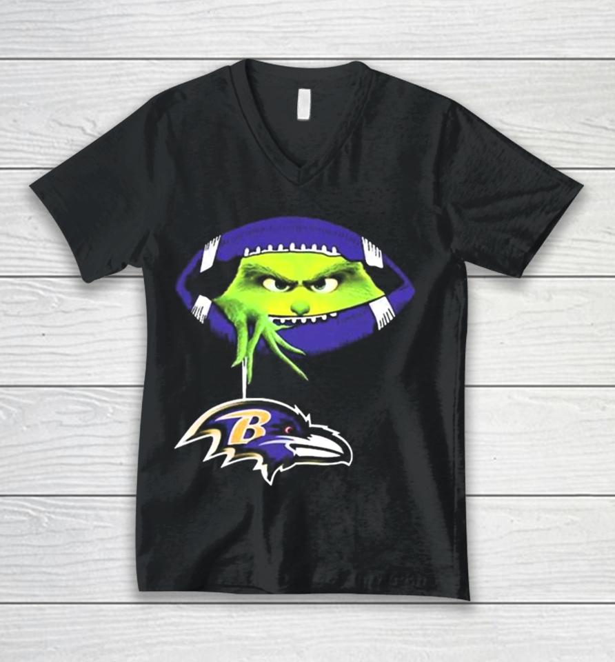 Ew People The Grinch Hold Baltimore Ravens Logo Unisex V-Neck T-Shirt